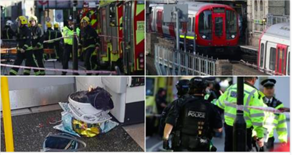 Quattro fotografie: vigili del fuoco al lavoro, un treno della metropolitana londinese fermo in stazione, un ordigno artigianale bruciato in un secchio, agenti di polizia britannici in tenuta antisommossa.