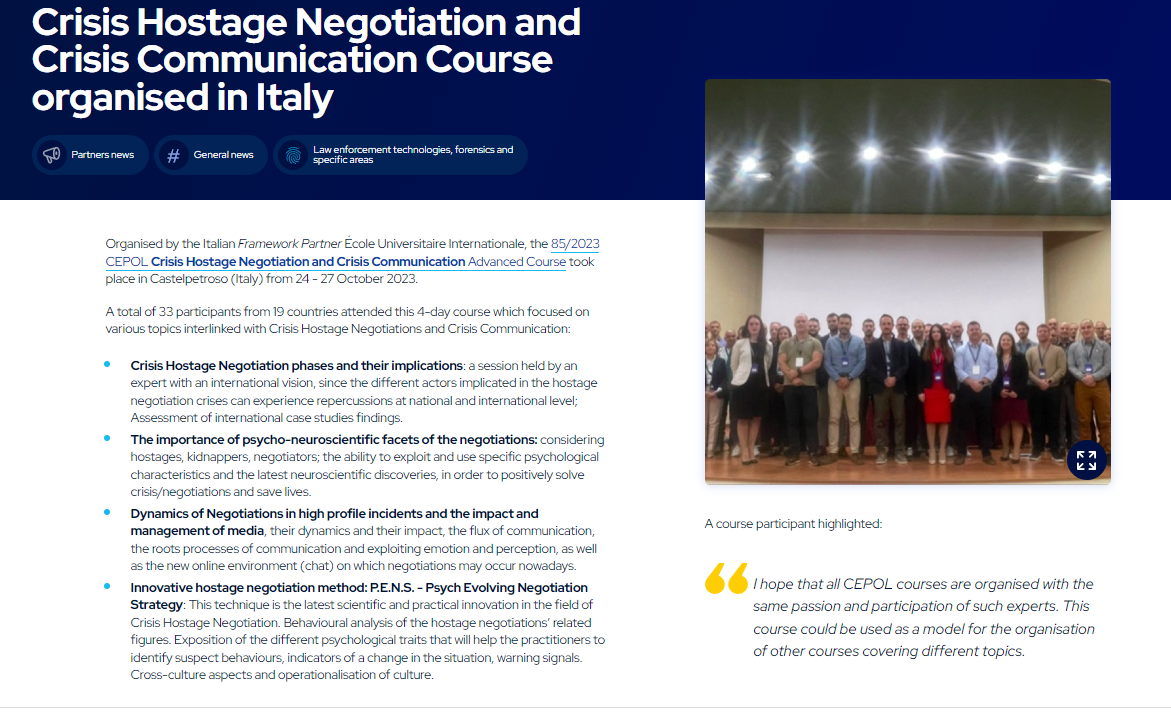 La pagina del sito CEPOL sul corso Crisis Hostage Negotiation and Crisis Communication in Italia, con la foto di gruppo dei partecipanti.