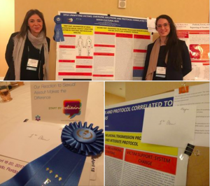 Tre immagini: due ricercatrici accanto al poster premiato, il nastro blu del primo premio e un dettaglio del poster.