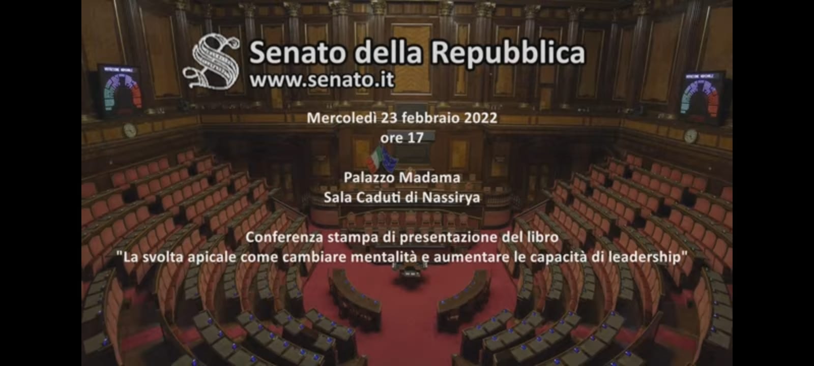 La schermata di apertura della diretta: Senato della Repubblica, mercoledì 23 febbraio 2022 ore 17, Palazzo Madama, Sala Caduti di Nassirya, conferenza stampa di presentazione del libro La svolta apicale.