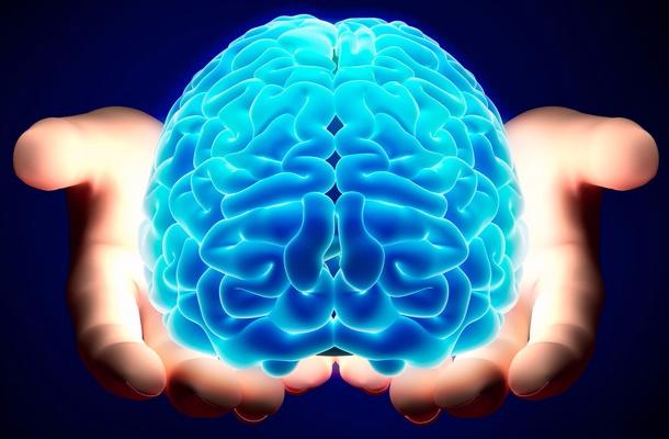 Due mani aperte tengono un cervello luminoso azzurro.