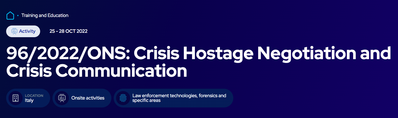 L'intestazione della scheda del corso CEPOL 96/2022/ONS, Crisis Hostage Negotiation and Crisis Communication, Italia, 25-28 ottobre 2022.