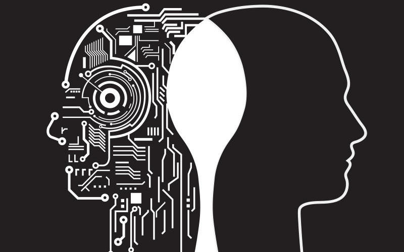 Illustrazione in bianco e nero: due profili di testa affiancati, uno dei due disegnato come un circuito stampato.