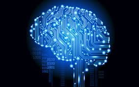 Illustrazione di un cervello disegnato come un circuito elettronico, in blu su fondo scuro, con cifre binarie sullo sfondo.
