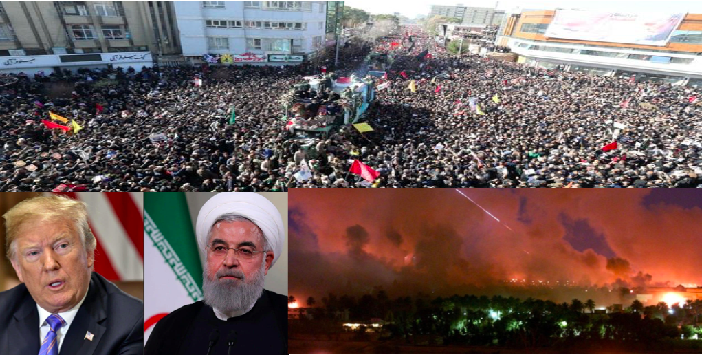 Composizione di tre immagini: una folla che riempie una strada iraniana ripresa dall'alto, i ritratti di Donald Trump e Hassan Rouhani, e un bombardamento notturno.