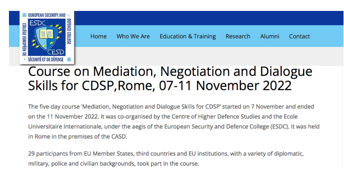 La pagina del sito dell'European Security and Defence College con l'annuncio del corso su mediazione, negoziazione e dialogo, Roma 7-11 novembre 2022.