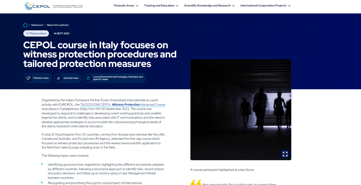 La pagina del sito CEPOL con il titolo CEPOL course in Italy focuses on witness protection procedures and tailored protection measures.