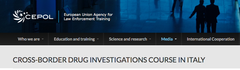 L'intestazione del sito CEPOL con il titolo Cross-border drug investigations course in Italy.