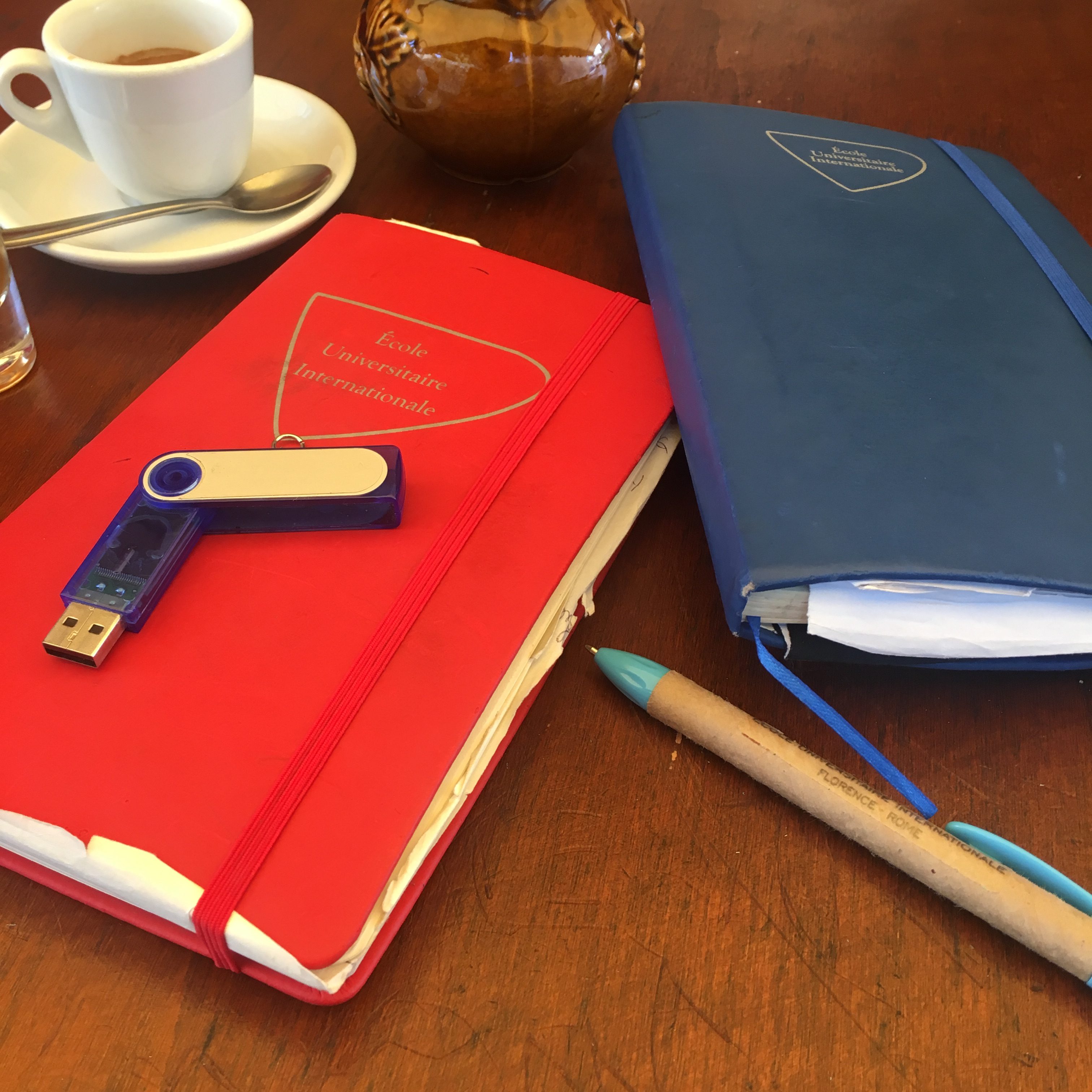 Due taccuini con il logo di École Universitaire Internationale, uno rosso e uno blu, con una chiavetta USB e una matita su un tavolo di legno.