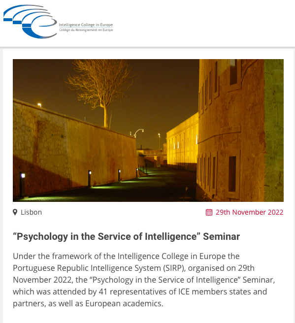 La pagina dell'Intelligence College in Europe sul seminario Psychology in the Service of Intelligence, Lisbona, 29 novembre 2022.