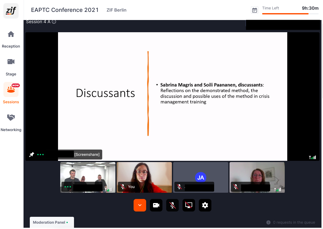 La schermata della conferenza EAPTC 2021 in collegamento: la diapositiva Discussants e i riquadri video dei partecipanti.