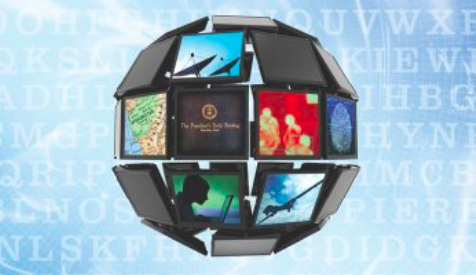 Illustrazione: una sfera composta da schermi che mostrano immagini diverse, su un fondo di lettere dell'alfabeto.