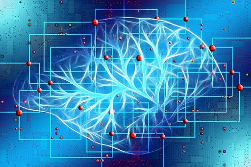 Illustrazione: un cervello disegnato con linee luminose azzurre dentro una griglia di riquadri, con sfere rosse sospese.