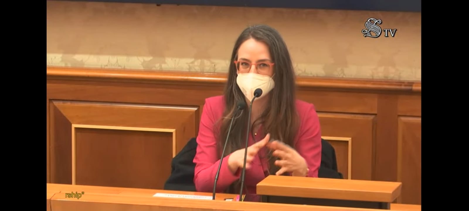 Una relatrice con la mascherina parla dal banco della sala del Senato.